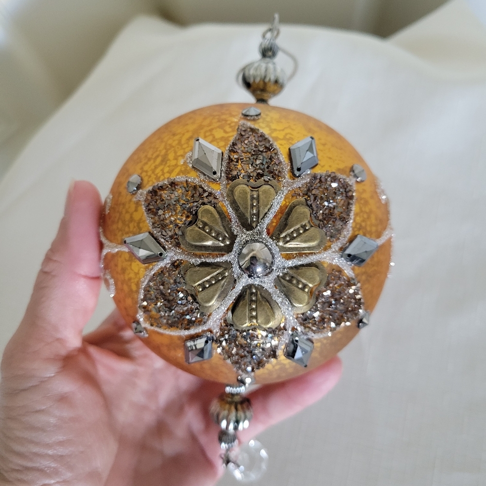 Holiday Round Ornament, Gold with Silver and Brass Accents